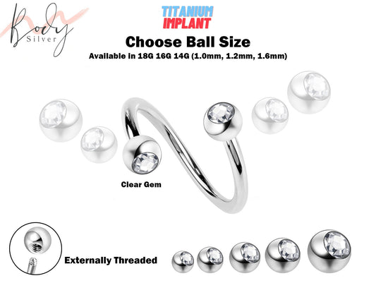 Spiral Earring, Helix Piercing - 18g 16g 14g Twisted Barbell with Clear Gem Ball Crystal - Custom Ball Size - Choose your Sizes