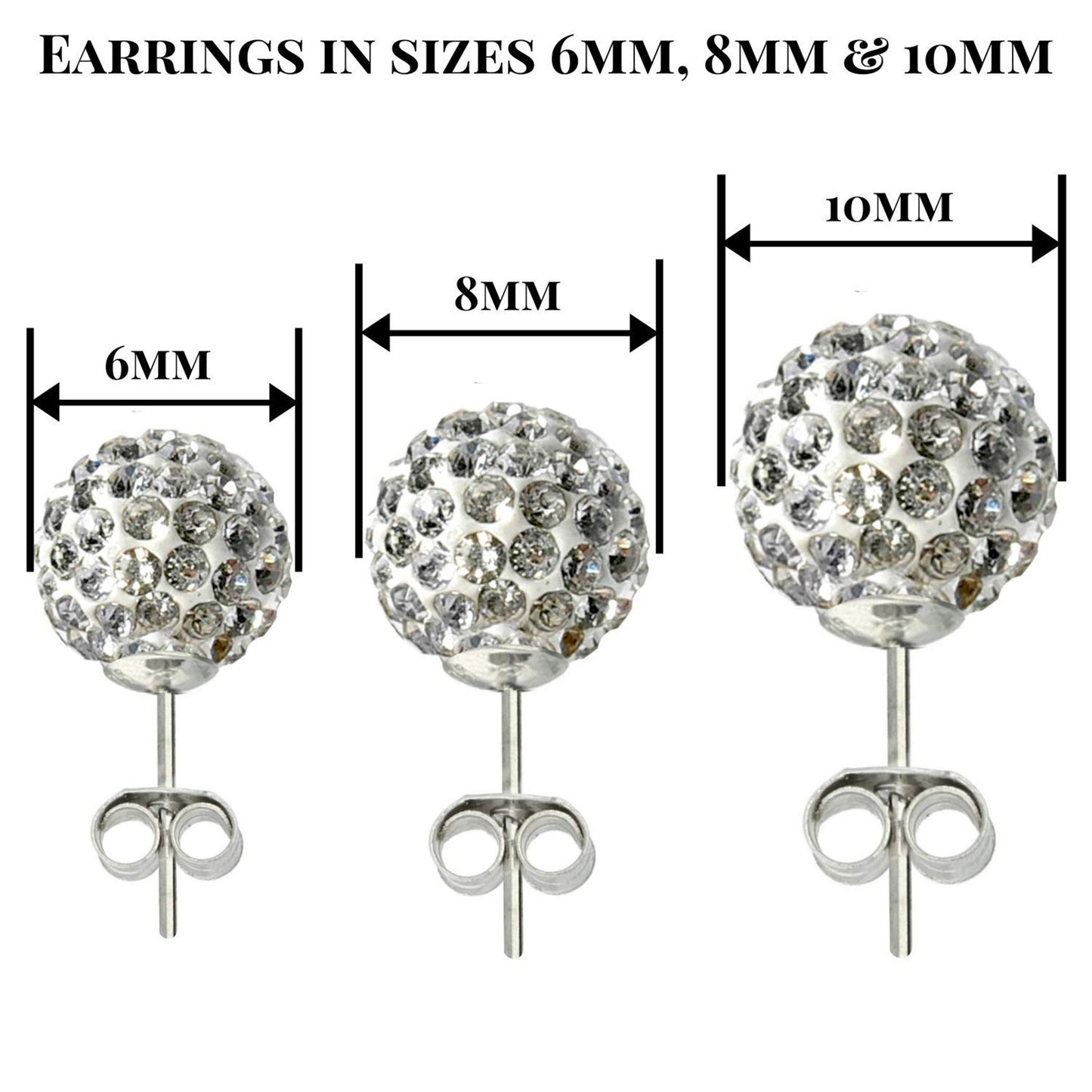 Round Stud Earrings, Disco Ball Studs with a Bling Shiny Earring Crystals - Many Colour Available Size 6mm to 10mm Ball