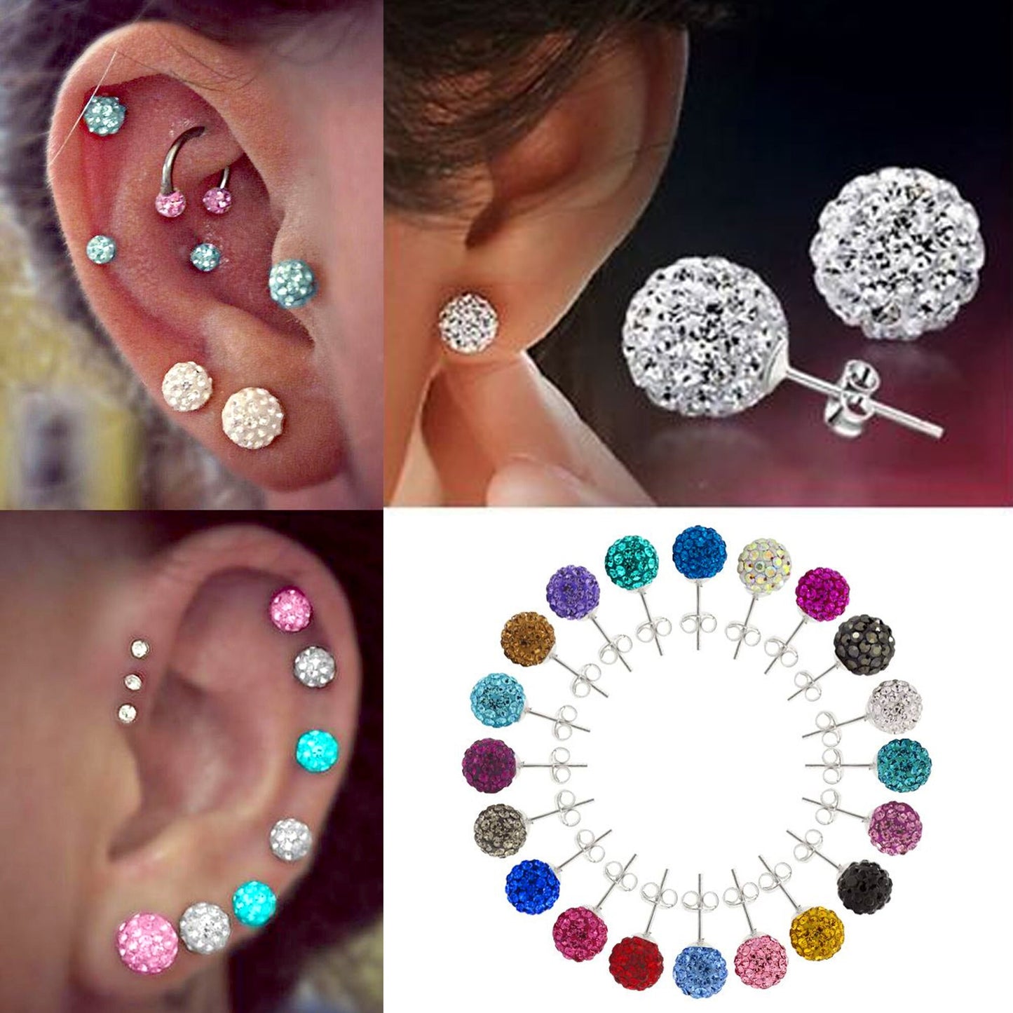 Round Stud Earrings, Disco Ball Studs with a Bling Shiny Earring Crystals - Many Colour Available Size 6mm to 10mm Ball