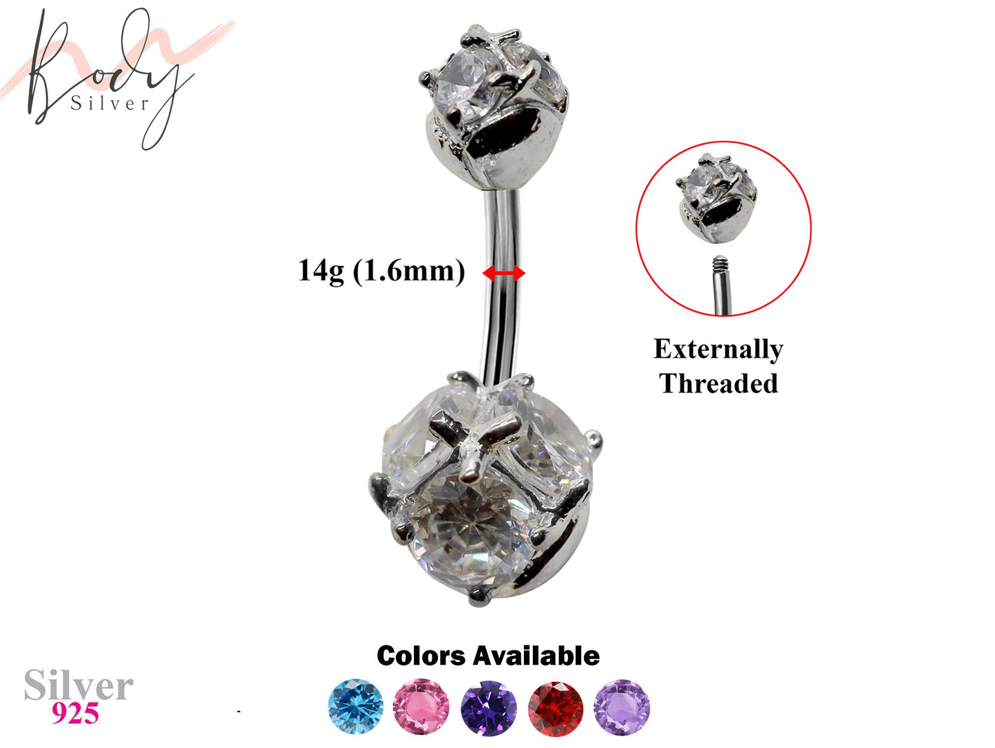 Silver Belly Bars, Navel Ring - Triple Round Crystal Belly Piercing - Prong Setting - Navel Jewelry - 14g (1.6mm) Length is 8mm - 12mm