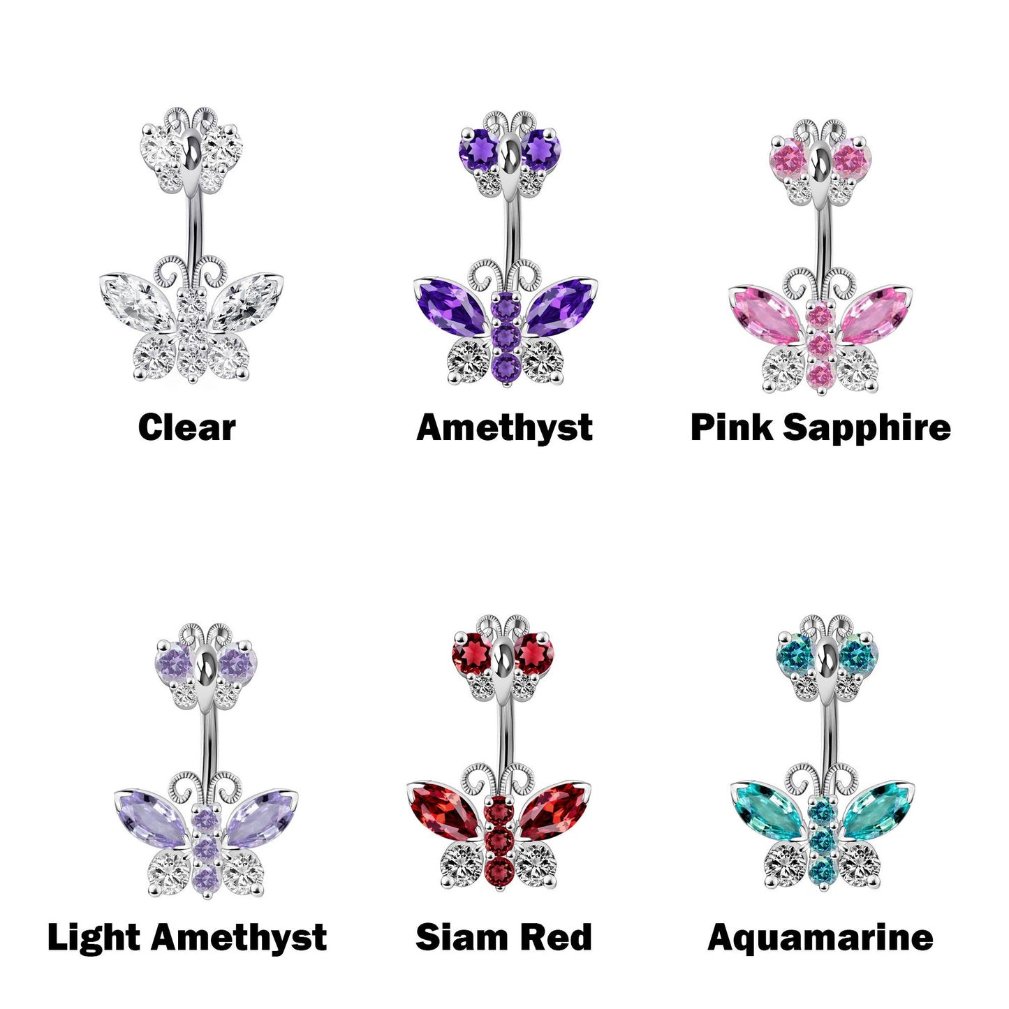 Silver Belly Button Rings, Navel Piercing Double Butterfly Belly Piercing with High Quality Crystals Navel Jewelry 14g(1.6mm)