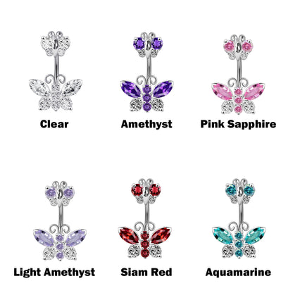 Silver Belly Button Rings, Navel Piercing Double Butterfly Belly Piercing with High Quality Crystals Navel Jewelry 14g(1.6mm)