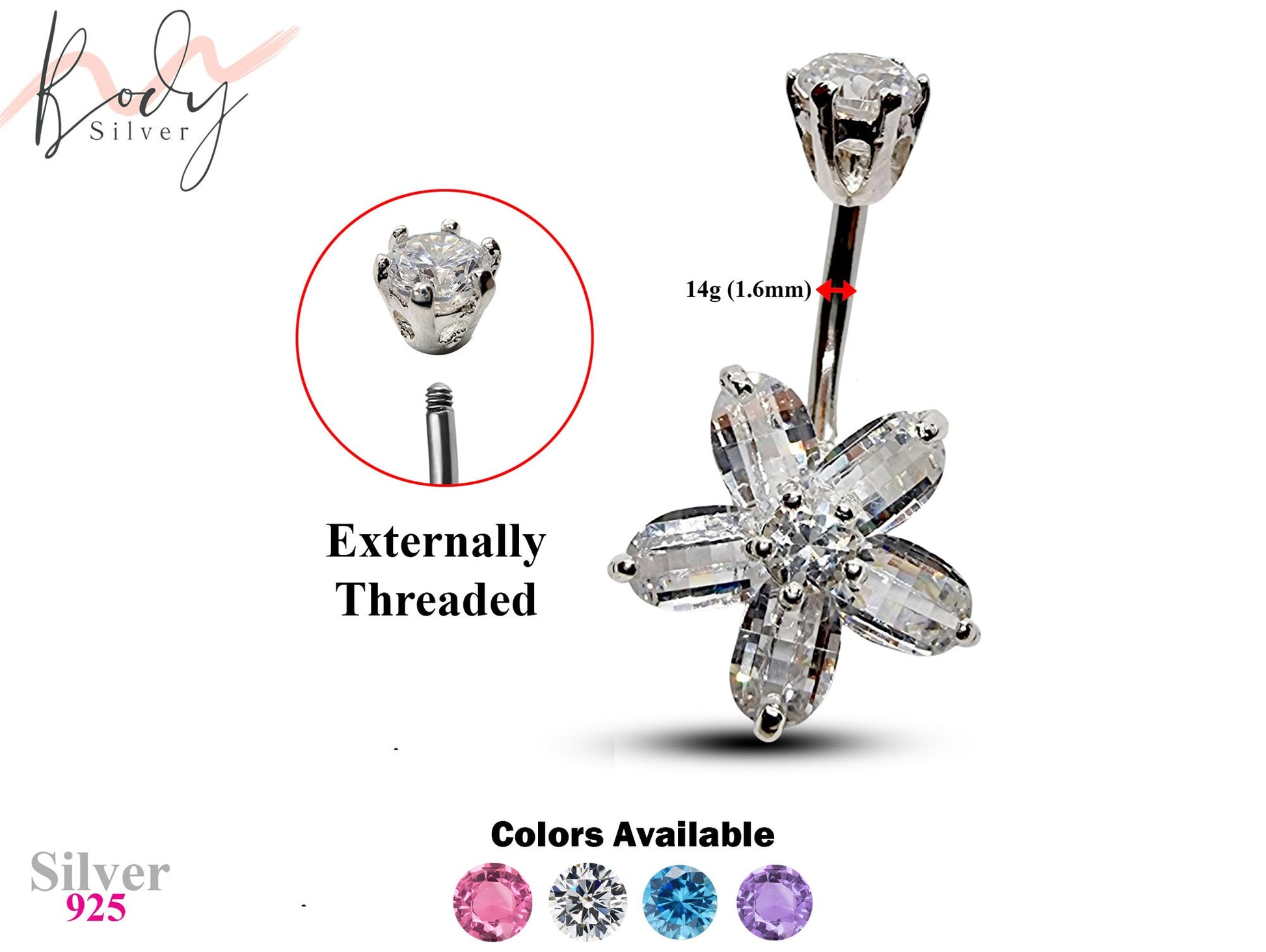 Silver Belly Bars, Navel Ring - 5 Petal Flower Belly Ring with High Quality CZ Crystals - Curved Barbell - 14g (1.6mm) Length is 8mm to 12mm