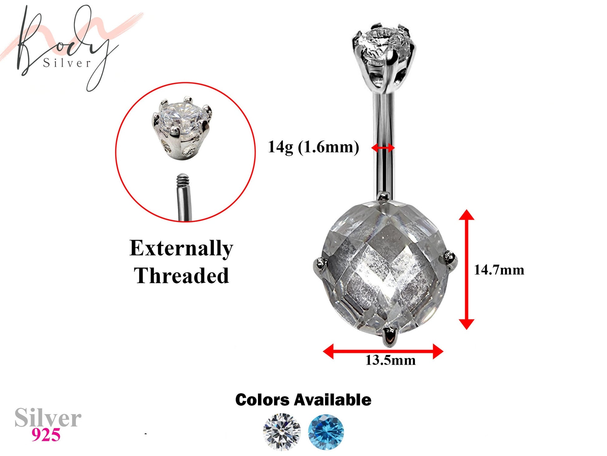 Silver Belly Bars, Belly Piercing - Designer Belly Ring with High Quality Oval CZ Crystals Navel Jewelry 14g (1.6mm) Length is 8mm to 10mm