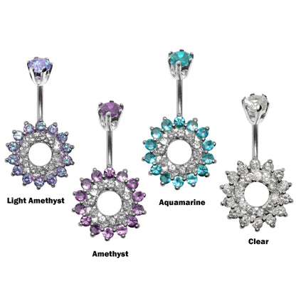 Silver Belly Button Rings, Navel Piercing - Floral Belly Bar with Center Hole and CZ Crystals - Navel Jewelry - 14g (1.6mm)