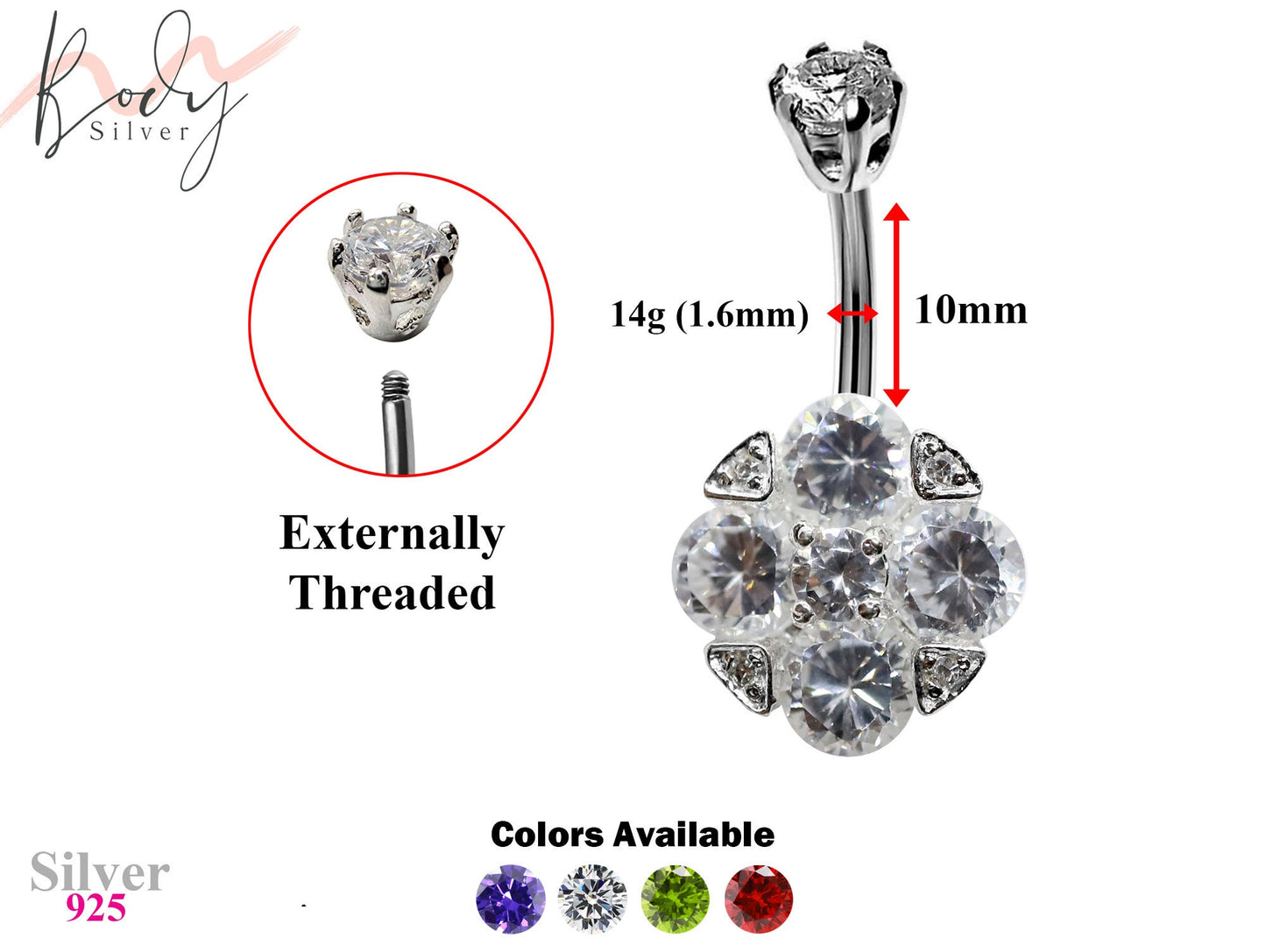 Silver Belly Bars, Belly Piercing - 4 Stones Belly Button Ring with High Quality CZ Crystals - Navel Jewelry - 14g (1.6mm) Length is 10mm