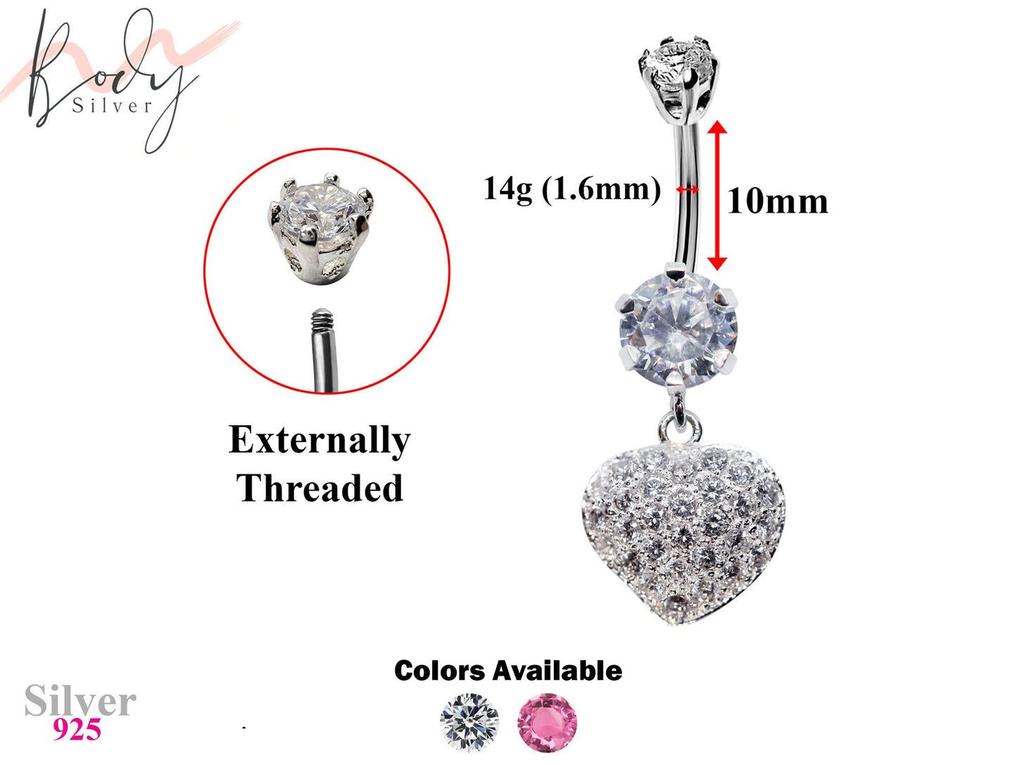 Silver Belly Bars, Navel Ring - Dangle Heart Belly Piercing studded with CZ Crystals - Navel Jewelry - 14g (1.6mm) Length is 10mm