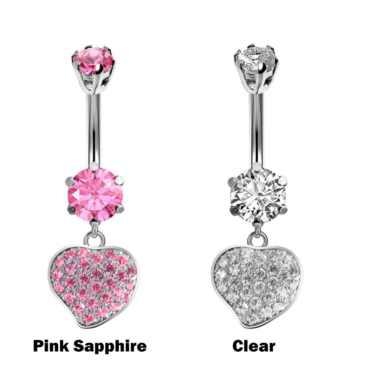 Silver Belly Bars, Navel Ring - Dangle Heart Belly Piercing studded with CZ Crystals - Navel Jewelry - 14g (1.6mm) Length is 10mm