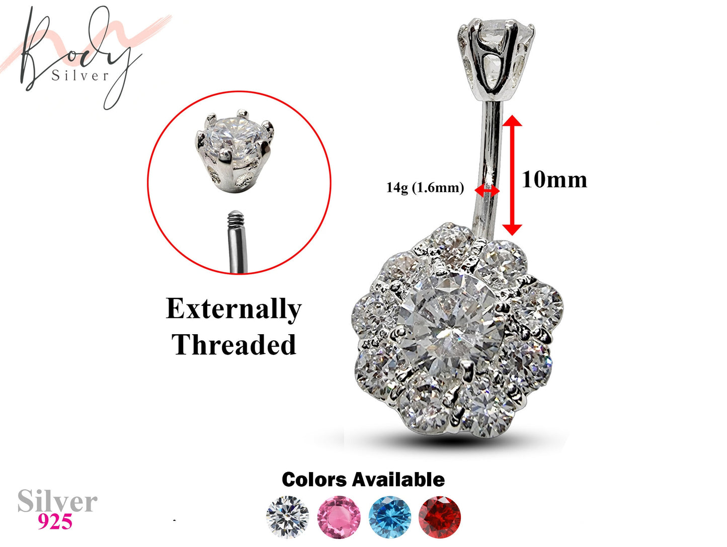 Silver Belly Bars, Belly Piercing - Flower Belly Button Ring with High Quality CZ Crystals - Navel Jewelry - 14g (1.6mm) Length is 10mm