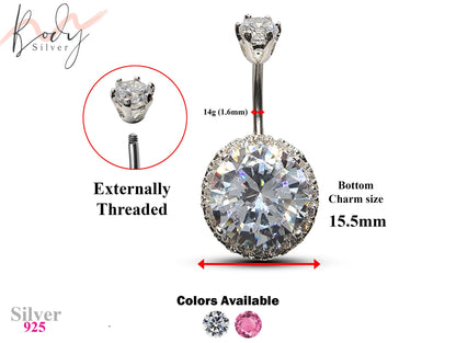 Silver Belly Button Rings, Navel Piercing - Belly Piercing with High Quality CZ Crystals - Navel Jewelry - 14g (1.6mm) Length is 8 to 10mm