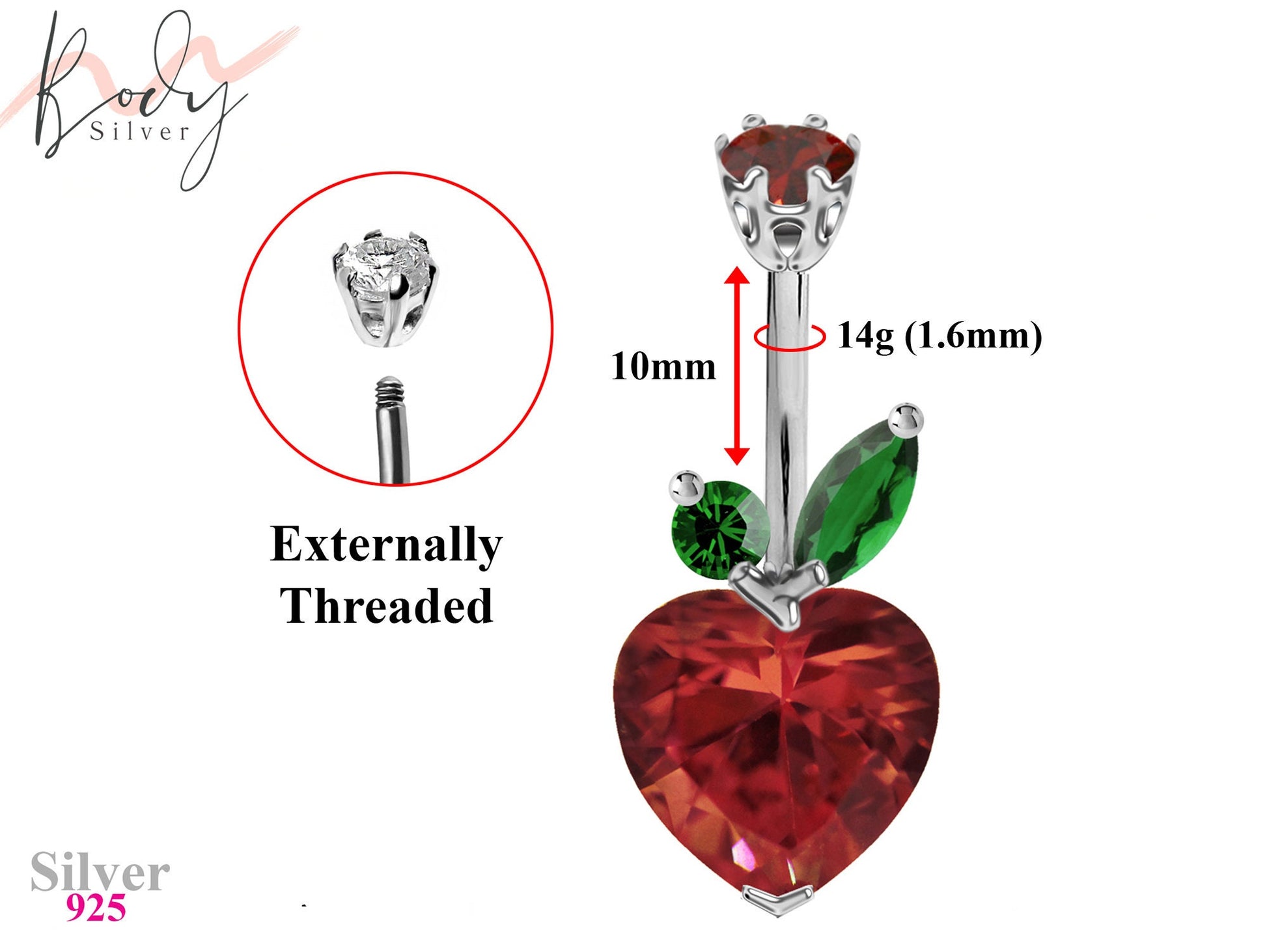 Apple Belly Bar, Belly Rings- Designer Belly Bars- with High Quality Crystals - Navel Ring - 14g (1.6mm) Length is 10mm