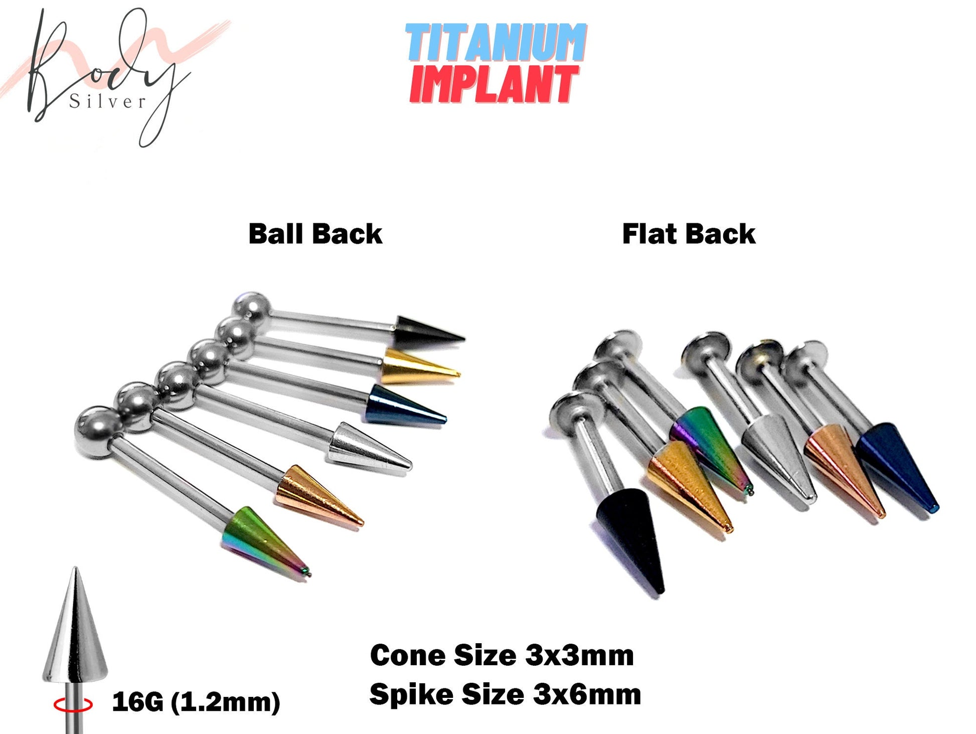 Spike Barbell Earring and Flat Back Lip Labret Stud with top Coloured Cone / Spike - Titanium 16G (1.2mm) Length 6mm to 34mm - Ear Piercing