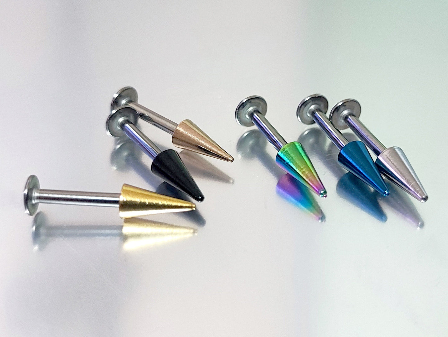 Spike Barbell Earring and Flat Back Lip Labret Stud with top Coloured Cone / Spike - Titanium 16G (1.2mm) Length 6mm to 34mm - Ear Piercing