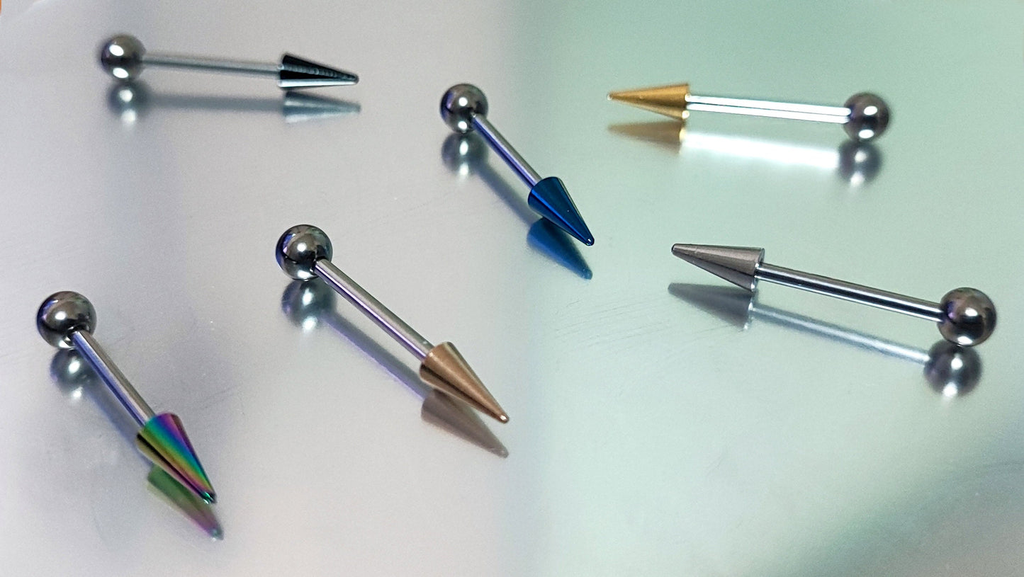 Spike Barbell Earring and Flat Back Lip Labret Stud with top Coloured Cone / Spike - Titanium 16G (1.2mm) Length 6mm to 34mm - Ear Piercing