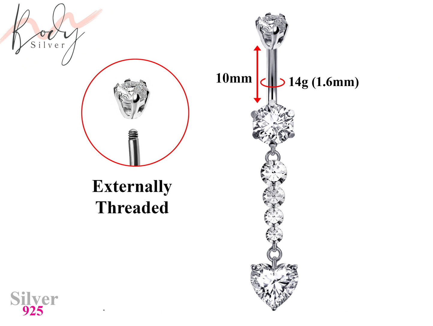 Designer Belly Bars - Silver - Dangle Cute Heart Belly Ring made of CZ Crystals - Navel Ring - 14g (1.6mm) Length is 10mm