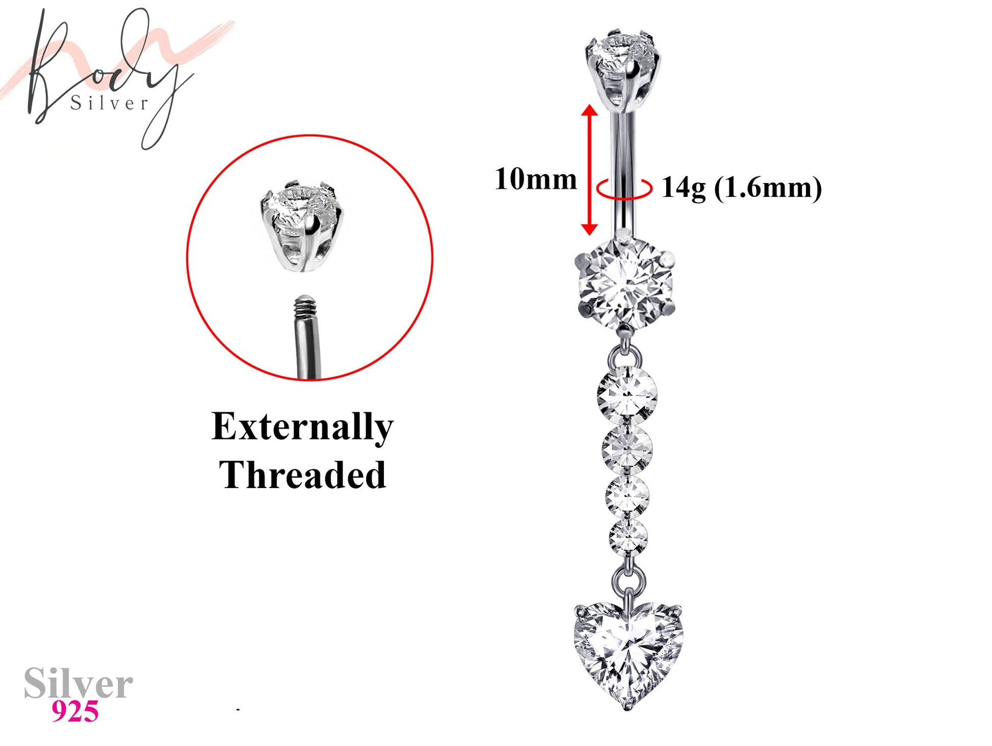 Designer Belly Bars - Silver - Dangle Cute Heart Belly Ring made of CZ Crystals - Navel Ring - 14g (1.6mm) Length is 10mm