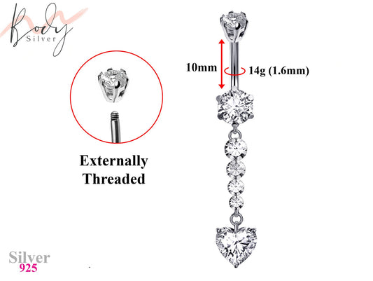 Designer Belly Bars - Silver - Dangle Cute Heart Belly Ring made of CZ Crystals - Navel Ring - 14g (1.6mm) Length is 10mm