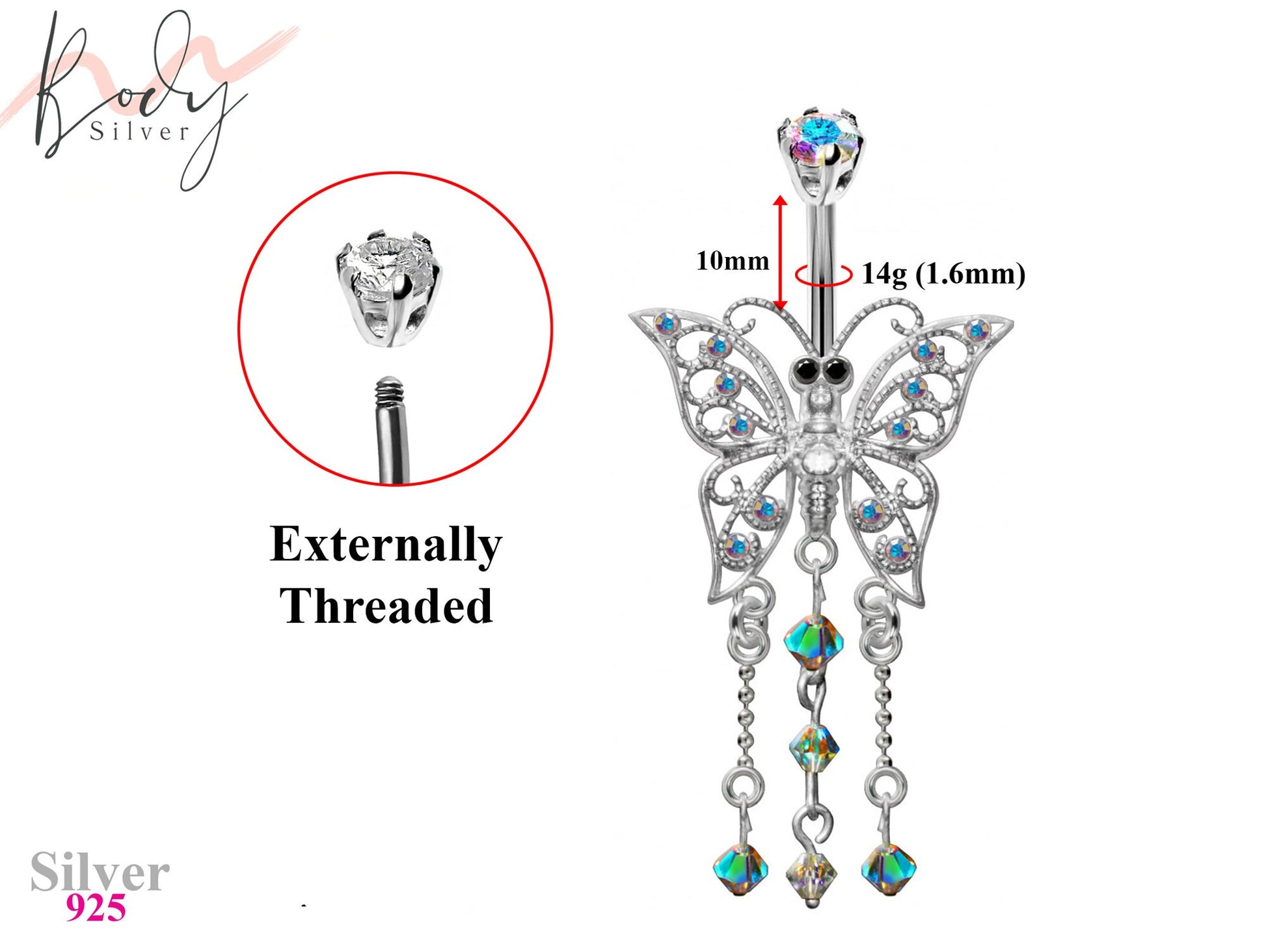 Designer Belly Button Rings- Silver - Dangle Butterfly Design Belly Bars with CZ Crystals- Belly Button Ring - 14g (1.6mm) Length is 10mm