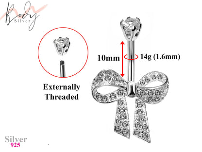 Designer Belly Ring - Silver - Ribbon bow tie Belly Bar studded with CZ Crystals - Belly Button Ring - 14g (1.6mm) Length is 10mm