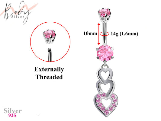 Belly Button Piercing Ring - Silver - 3 Heart Dangle with CZ Crystals Belly Rings - Belly Bar - 14g (1.6mm) Length is 10mm