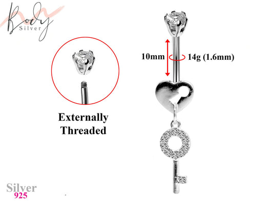 Designer Belly Bars - Silver - Heart Lock and Key Belly Rings with CZ Crystals - Belly Button Ring - 14g (1.6mm) Length is 10mm