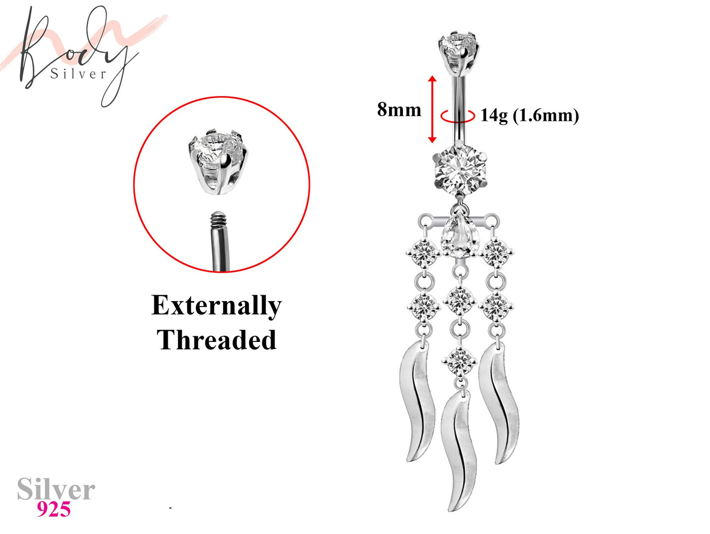 Designer Belly Rings- Silver - Luxury Dangle Chandelier Design Belly Bars with CZ Crystals - Belly Button Ring - 14g (1.6mm) Length is 8mm