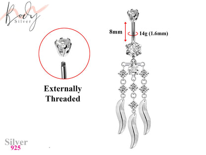 Designer Belly Rings- Silver - Luxury Dangle Chandelier Design Belly Bars with CZ Crystals - Belly Button Ring - 14g (1.6mm) Length is 8mm