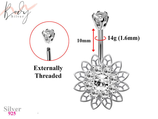 Designer Belly Rings - Silver - Unique Style Belly Bars with CZ Crystals - Belly Button Ring - 14g (1.6mm) Length is 10mm