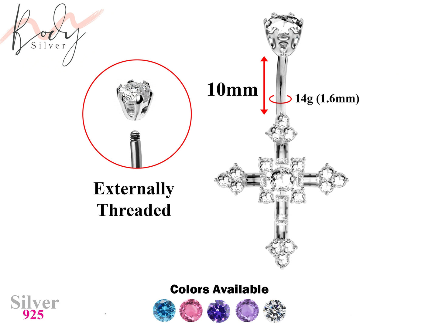 Designer Belly Bars - Silver - Cross Design Navel Ring with CZ Crystals - Belly Button Ring - 14g (1.6mm) Length is 10mm