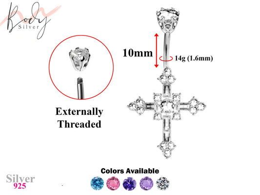 Designer Belly Bars - Silver - Cross Design Navel Ring with CZ Crystals - Belly Button Ring - 14g (1.6mm) Length is 10mm