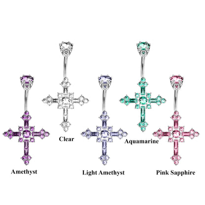 Designer Belly Bars - Silver - Cross Design Navel Ring with CZ Crystals - Belly Button Ring - 14g (1.6mm) Length is 10mm