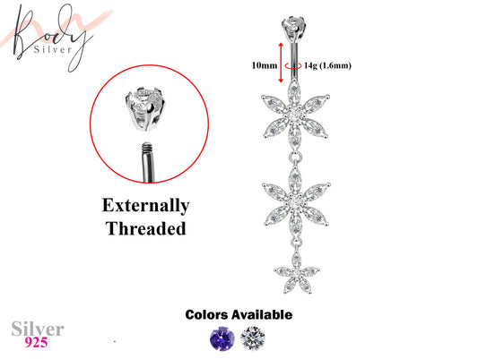 Designer Belly Button Rings- Silver - Triple Flower Design Belly Bars with CZ Crystals - Navel Ring - 14g (1.6mm) Length is 10mm