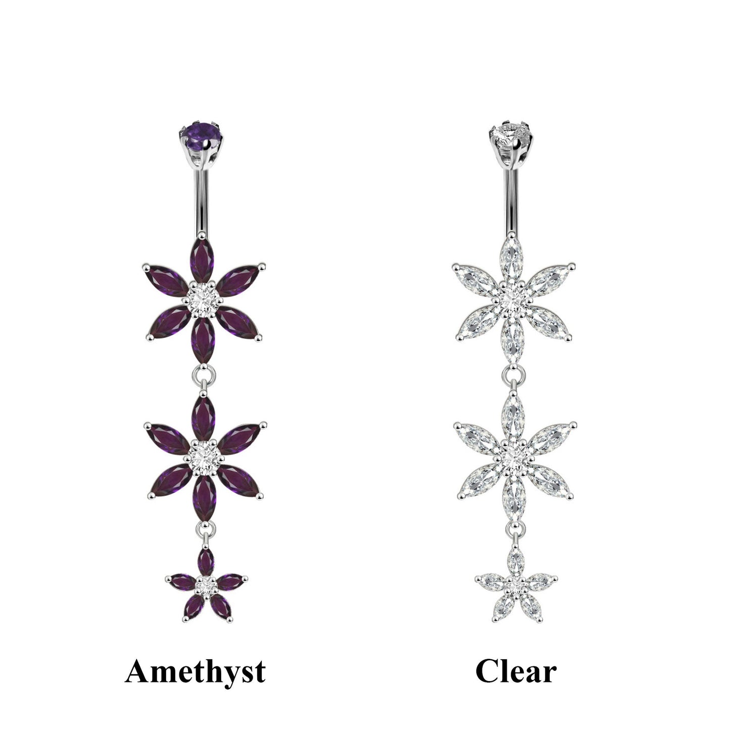 Designer Belly Button Rings- Silver - Triple Flower Design Belly Bars with CZ Crystals - Navel Ring - 14g (1.6mm) Length is 10mm