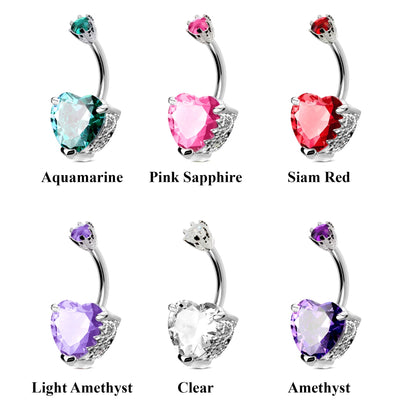 Designer Belly Button Rings- Silver - Heart Design Belly Bars with CZ Crystals - Navel Ring - 14g (1.6mm) Length is 10mm