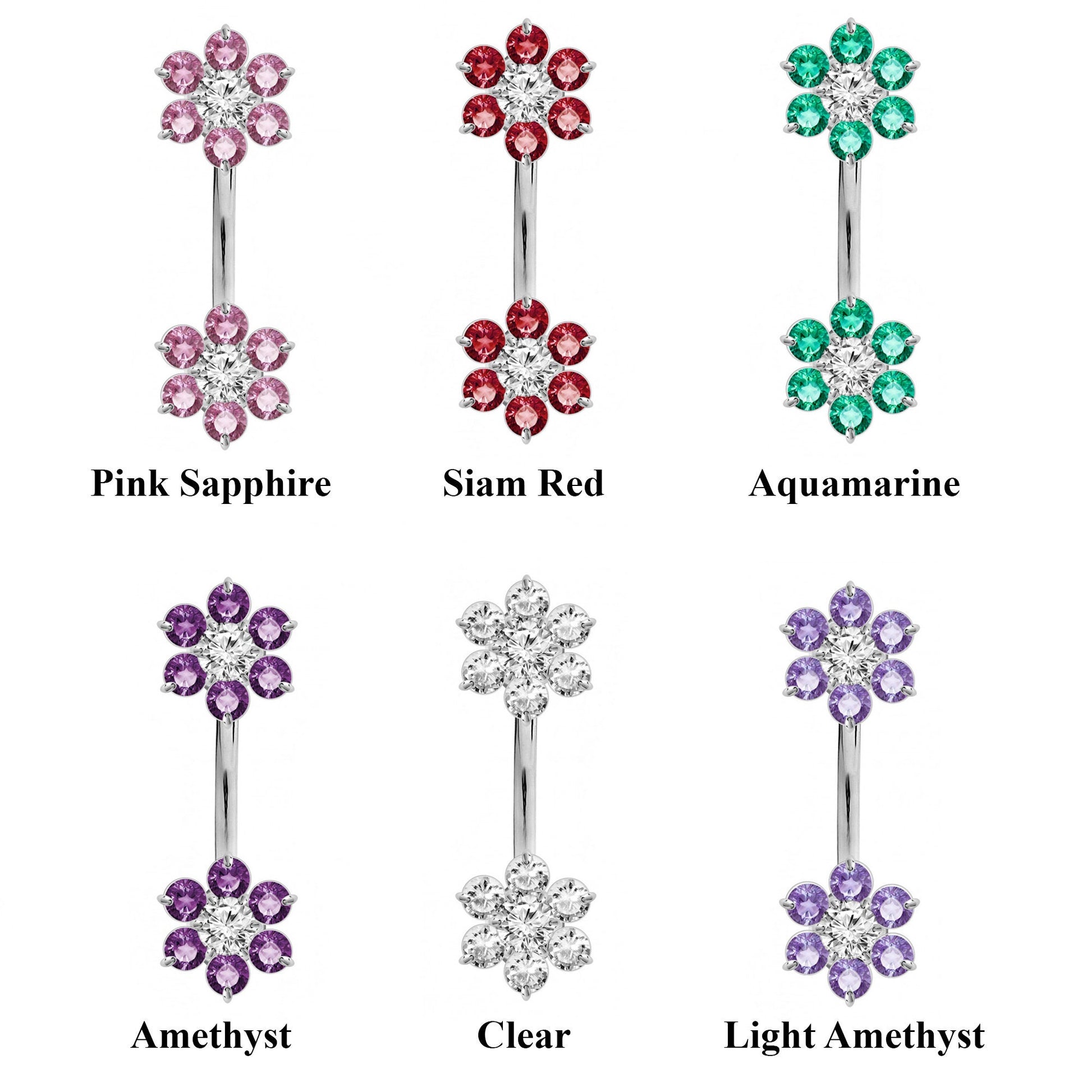 Designer Belly Rings - Silver Double Flower Navel Ring, Belly Bar, Belly Piercing with CZ Crystals - Belly Button - 14g (1.6mm)