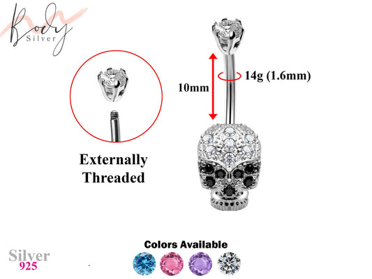 Designer Belly Bars - Silver - Skull Head Design Belly Ring with CZ Crystals - Belly Button Ring - 14g (1.6mm) Length is 10mm