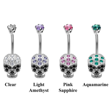 Designer Belly Bars - Silver - Skull Head Design Belly Ring with CZ Crystals - Belly Button Ring - 14g (1.6mm) Length is 10mm