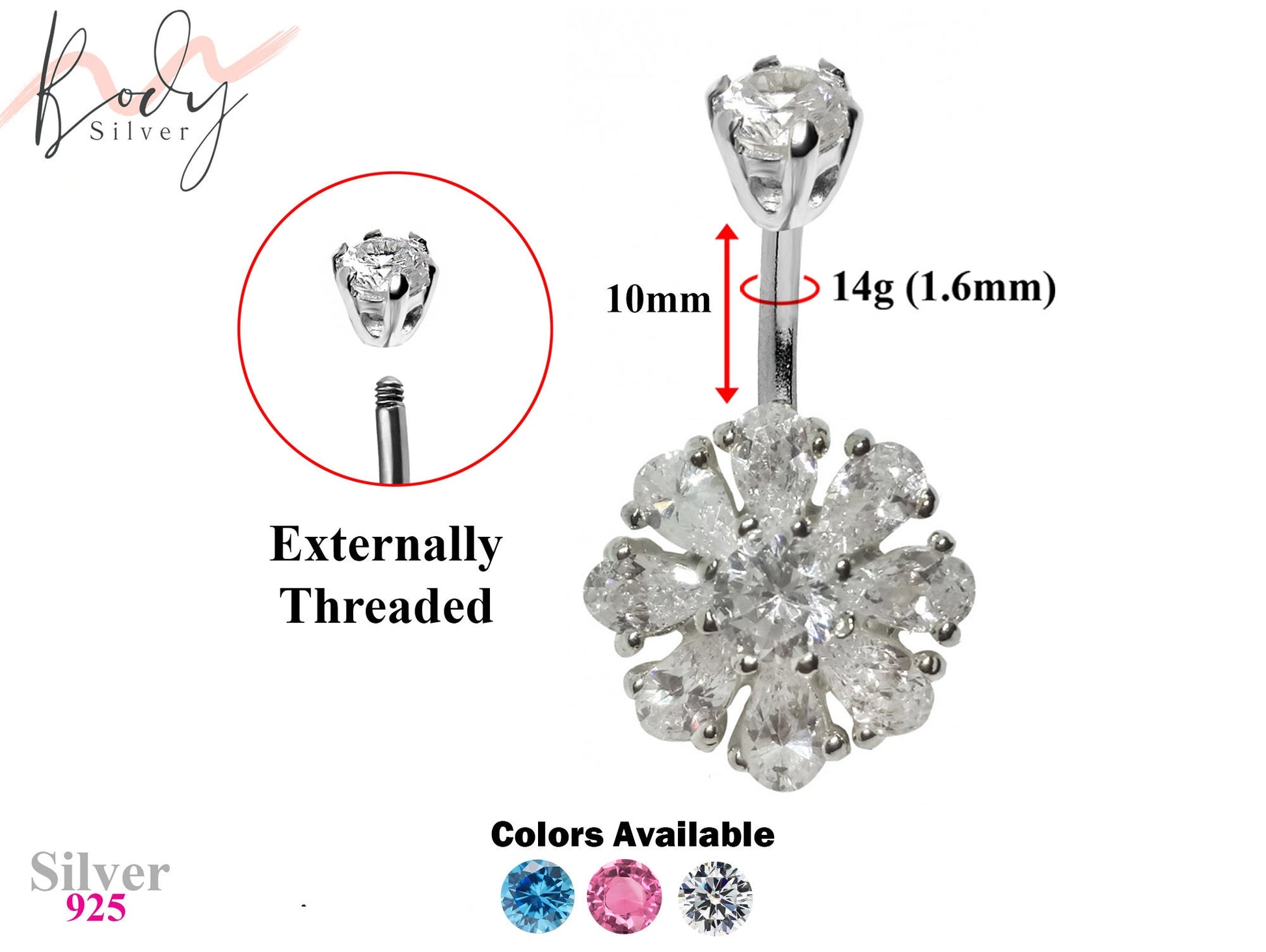 Designer Belly Bars - Silver Flower Navel Ring, Belly Bar, Belly Piercing with CZ Crystals - Navel Ring - 14g (1.6mm) Length is 10mm