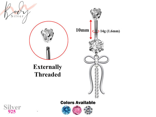 Designer Belly Rings- Silver - Ribbon bow tie Design Belly Bars with CZ Crystals - Navel Ring - 14g (1.6mm) Length is 10mm