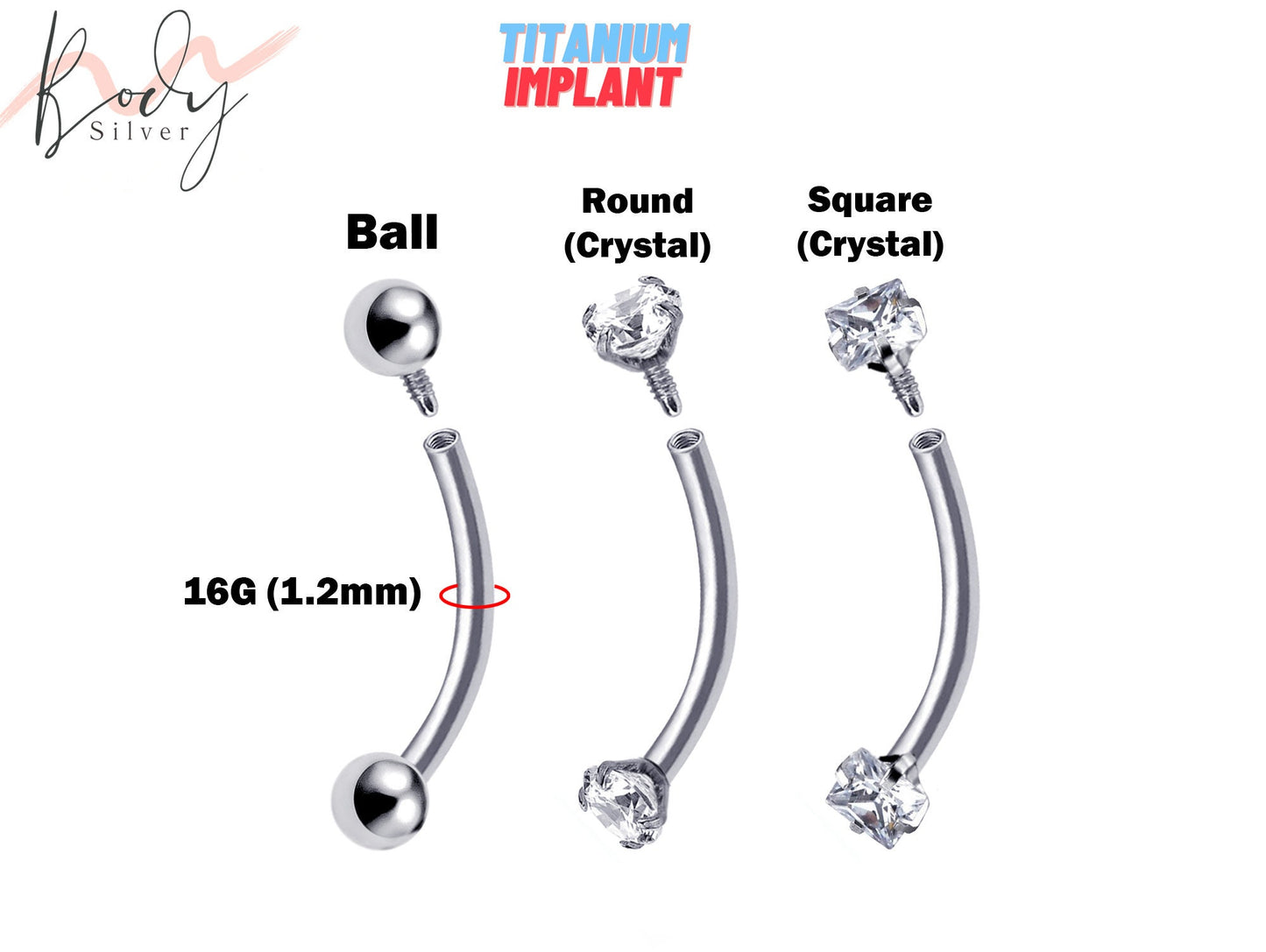 Titanium Internal Curved Barbell, Bent Bar piercing with Prong set CZ Clear Crystal for Eyebrow, Lips and Rook - 16G (1.2mm) Body Jewellery