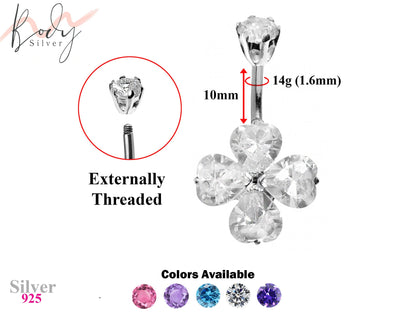 Designer Belly Button Ring - Silver - Clover Leaf Lucky Charm Belly Bars with CZ Crystals - Navel Ring - 14g (1.6mm) Length is 10mm