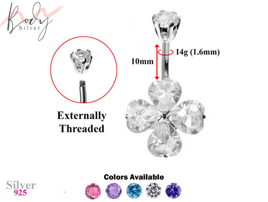 Designer Belly Button Ring - Silver - Clover Leaf Lucky Charm Belly Bars with CZ Crystals - Navel Ring - 14g (1.6mm) Length is 10mm