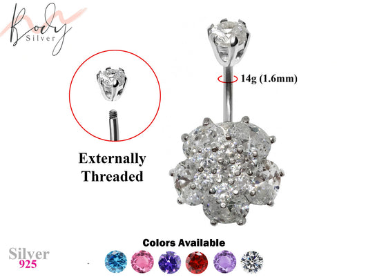 Designer Belly Bars - Silver - Wild Flower Belly Ring made of CZ Crystals - Belly Button - 14g (1.6mm)