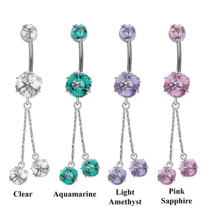 Designer Belly Button Ring - Silver - 2 Drop Dangle Round Belly Bar Design with CZ Crystals - Navel Ring - 14g (1.6mm) Length is 10mm