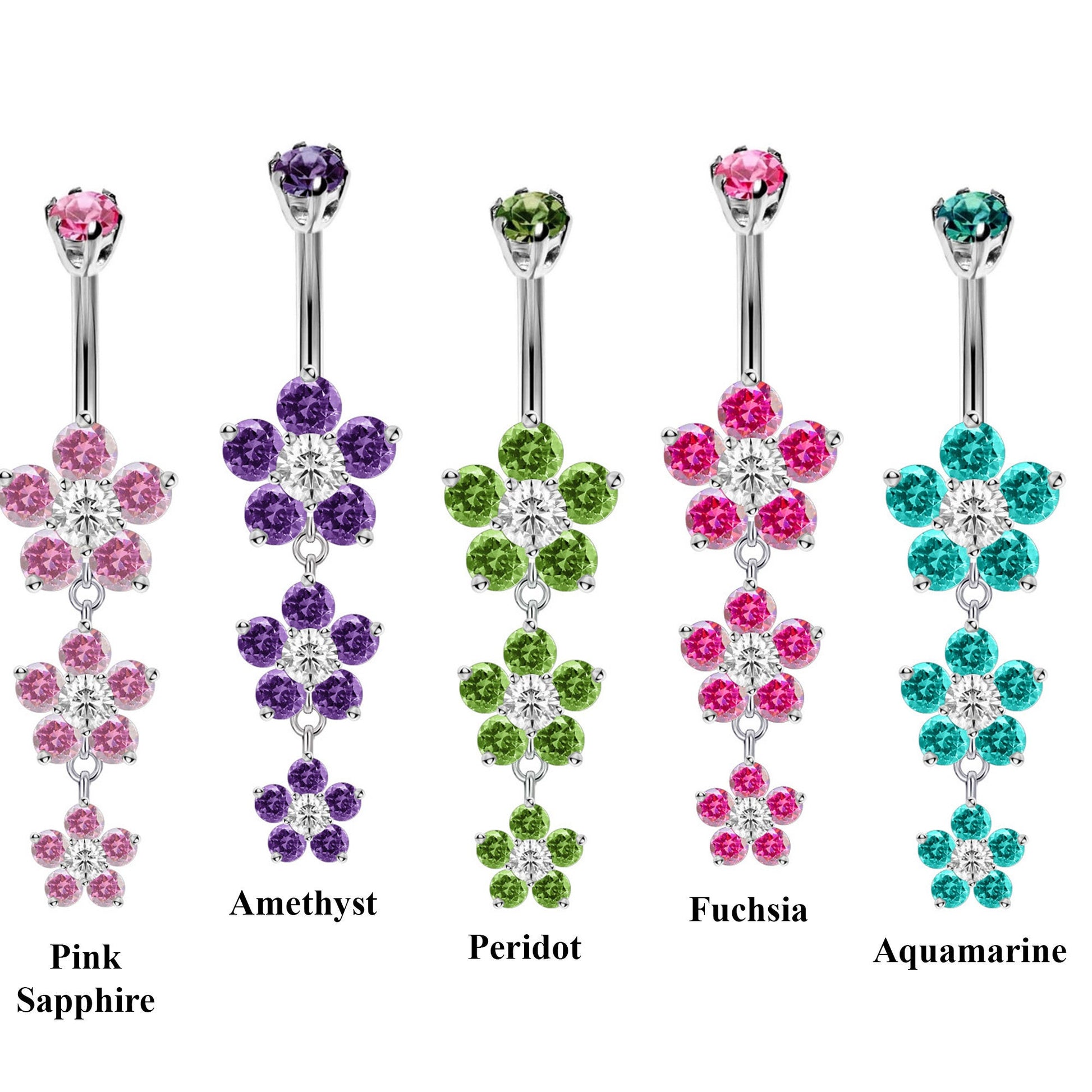 Designer Belly Bars - Silver - 3 Drop Five Petal Flower Design Belly Bars with CZ Crystals - Navel Ring - 14g (1.6mm) Length is 10mm