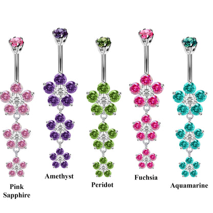 Designer Belly Bars - Silver - 3 Drop Five Petal Flower Design Belly Bars with CZ Crystals - Navel Ring - 14g (1.6mm) Length is 10mm