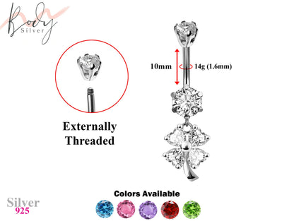 Designer Belly Button Ring - Silver - Dangle Clover Leaf Design Belly Bars with CZ Crystals - Navel Ring - 14g (1.6mm) Length is 10mm