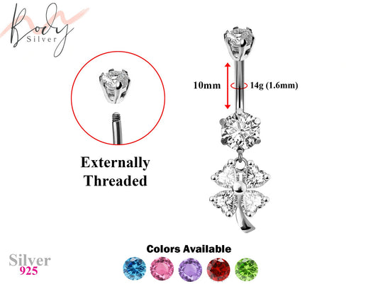 Designer Belly Button Ring - Silver - Dangle Clover Leaf Design Belly Bars with CZ Crystals - Navel Ring - 14g (1.6mm) Length is 10mm