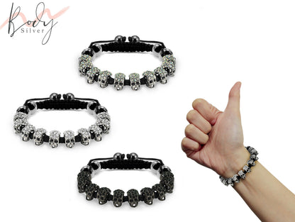 Skull Head Bracelet with CZ Crystals and Hematite Beads - Handmade Beaded Bracelet fully Adjustable to fit all sizes and easy wo wear