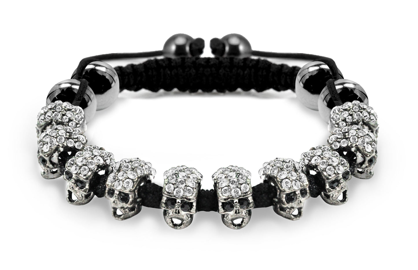 Skull Head Bracelet with CZ Crystals and Hematite Beads - Handmade Beaded Bracelet fully Adjustable to fit all sizes and easy wo wear